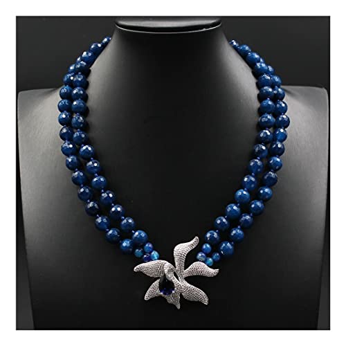 VOGGWBMQ Schmuck 19 Zoll 2 Reihen natürlicher blauer Achat-Halsketten-Blumen-Anhänger for Frauen erfüllen von VOGGWBMQ