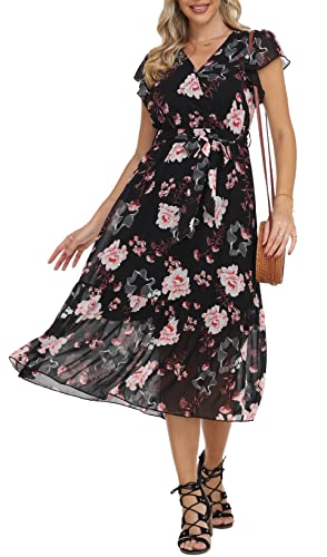 Damen Casual Midi Kleid Blumenwickel V-Ausschnitt Chiffon Kleider A-Linie Plissiertes Kleid mit Gürtel von VOGMATE