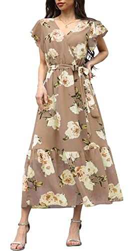 Damen Casual Midi Kleid Blumenwickel V-Ausschnitt Chiffon Kleider A-Linie Plissiertes Kleid mit Gürtel von VOGMATE