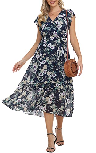 Damen Casual Midi Kleid Blumenwickel V-Ausschnitt Chiffon Kleider A-Linie Plissiertes Kleid mit Gürtel von VOGMATE