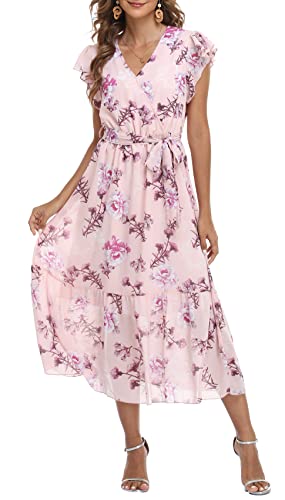 Damen Casual Midi Kleid Blumenwickel V-Ausschnitt Chiffon Kleider A-Linie Plissiertes Kleid mit Gürtel von VOGMATE