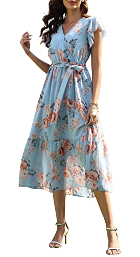 Damen Casual Midi Kleid Blumenwickel V-Ausschnitt Chiffon Kleider A-Linie Plissiertes Kleid mit Gürtel von VOGMATE