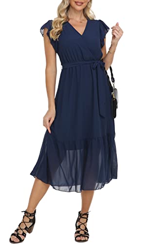 Damen Casual Midi Kleid Blumenwickel V-Ausschnitt Chiffon Kleider A-Linie Plissiertes Kleid mit Gürtel von VOGMATE