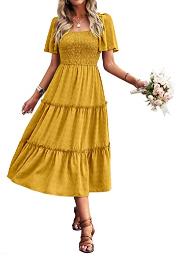 Damen Smocked Midi Kleid Kurzarm U-Ausschnitt Sommerkleid A-Linie Maxikleid Cocktail Gelb XL von VOGMATE