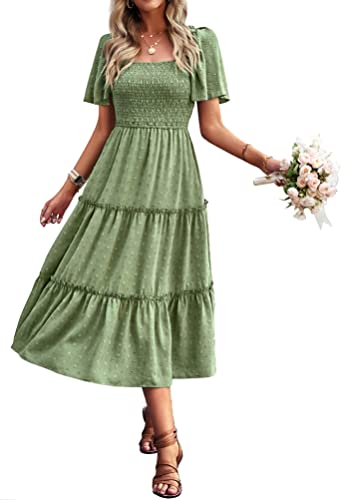 Damen Smocked Midi Kleid Kurzarm U-Ausschnitt Sommerkleid A-Linie Maxikleid Cocktail Grün L von VOGMATE