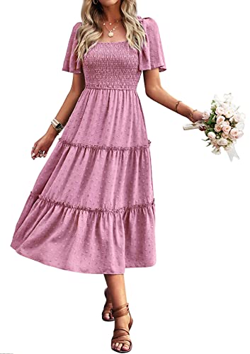 Damen Smocked Midi Kleid Kurzarm U-Ausschnitt Sommerkleid A-Linie Maxikleid Cocktail Rosa Lila L von VOGMATE