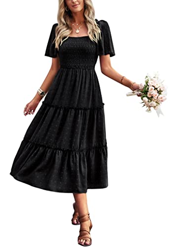 Damen Smocked Midi Kleid Kurzarm U-Ausschnitt Sommerkleid A-Linie Maxikleid Cocktail Schwarz L von VOGMATE