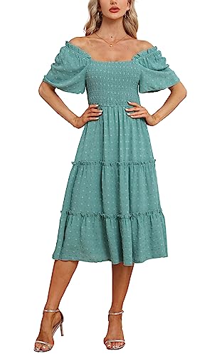 Damen Smocked Midi Kleid Kurzarm U-Ausschnitt Sommerkleid A-Linie Maxikleid Cocktail Strandkleid Aquamarin L von VOGMATE