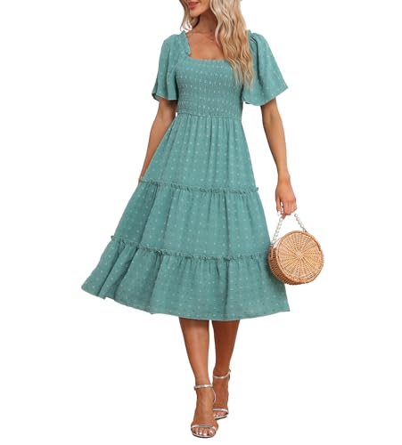 Damen Smocked Midi Kleid Kurzarm U-Ausschnitt Sommerkleid A-Linie Maxikleid Cocktail Strandkleid Aquamarin S von VOGMATE