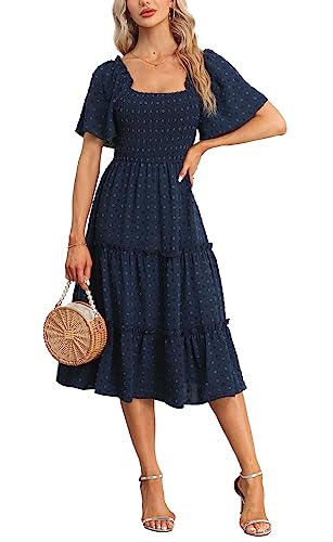 Damen Smocked Midi Kleid Kurzarm U-Ausschnitt Sommerkleid A-Linie Maxikleid Cocktail Strandkleid Dunkelblau L von VOGMATE