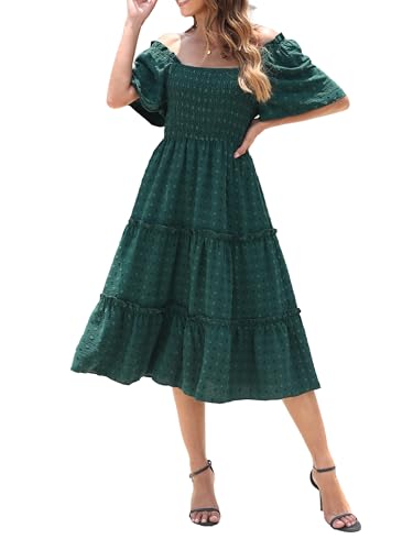 Damen Smocked Midi Kleid Kurzarm U-Ausschnitt Sommerkleid A-Linie Maxikleid Cocktail Strandkleid Meeresgrün L von VOGMATE