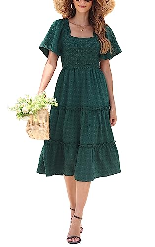 Damen Smocked Midi Kleid Kurzarm U-Ausschnitt Sommerkleid A-Linie Maxikleid Cocktail Strandkleid Meeresgrün L von VOGMATE