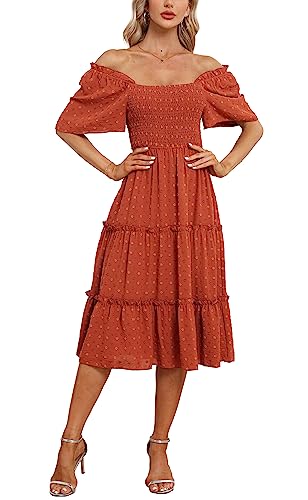 Damen Smocked Midi Kleid Kurzarm U-Ausschnitt Sommerkleid A-Linie Maxikleid Cocktail Strandkleid Schokoladenbraun L von VOGMATE