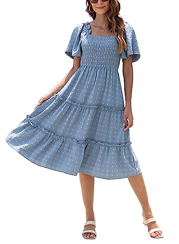 Damen Smocked Midi Kleid Kurzarm U-Ausschnitt Sommerkleid A-Linie Maxikleid Cocktail Strandkleid Stahlblau M von VOGMATE