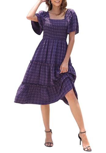 Damen Smocked Midi Kleid Kurzarm U-Ausschnitt Sommerkleid A-Linie Maxikleid Cocktail Strandkleid Tiefes Lila L von VOGMATE