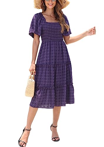 Damen Smocked Midi Kleid Kurzarm U-Ausschnitt Sommerkleid A-Linie Maxikleid Cocktail Strandkleid Tiefes Lila M von VOGMATE