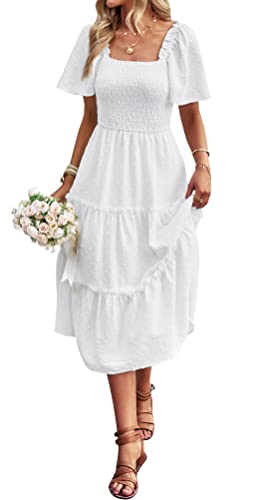 Damen Smocked Midi Kleid Kurzarm U-Ausschnitt Sommerkleid A-Linie Maxikleid Cocktail Weiß M von VOGMATE