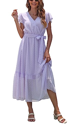 Damen Sommer Freizeitkleid Midikleid Kurzarm Wickelkleider V-Ausschnitt Elegantes A-Linie Strandkleid Hellviolett L von VOGMATE