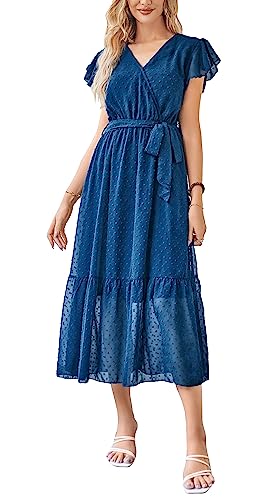 Damen Sommer Freizeitkleid Midikleid Kurzarm Wickelkleider V-Ausschnitt Elegantes A-Linie Strandkleid Marineblau M von VOGMATE