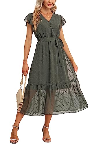 Damen Sommer Freizeitkleid Midikleid Kurzarm Wickelkleider V-Ausschnitt Elegantes A-Linie Strandkleid Olive L von VOGMATE