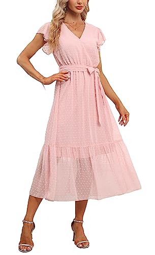 Damen Sommer Freizeitkleid Midikleid Kurzarm Wickelkleider V-Ausschnitt Elegantes A-Linie Strandkleid Rosa M von VOGMATE