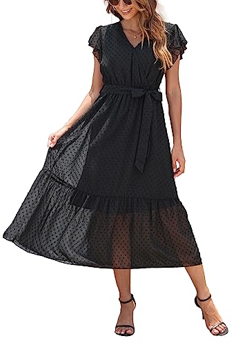 Damen Sommer Freizeitkleid Midikleid Kurzarm Wickelkleider V-Ausschnitt Elegantes A-Linie Strandkleid Schwarz L von VOGMATE