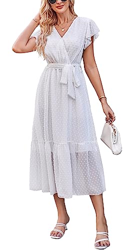 Damen Sommer Freizeitkleid Midikleid Kurzarm Wickelkleider V-Ausschnitt Elegantes A-Linie Strandkleid Weiss L von VOGMATE