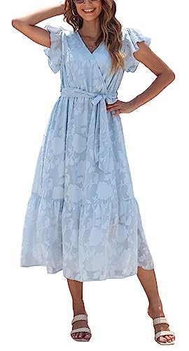 Damen Sommer Midikleid Kurzarm Wickelkleider V-Ausschnitt Elegantes A-Linie Strandkleid Jacquard Blau L von VOGMATE