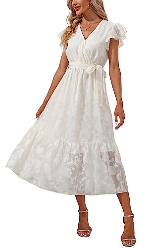 Damen Sommer Midikleid Kurzarm Wickelkleider V-Ausschnitt Elegantes A-Linie Strandkleid Jacquard Cremefarben L von VOGMATE