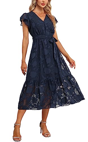 Damen Sommer Midikleid Kurzarm Wickelkleider V-Ausschnitt Elegantes A-Linie Strandkleid Jacquard Dunkelblau L von VOGMATE