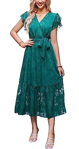 Damen Sommer Midikleid Kurzarm Wickelkleider V-Ausschnitt Elegantes A-Linie Strandkleid Jacquard Meeresgrün L von VOGMATE