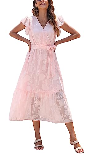 Damen Sommer Midikleid Kurzarm Wickelkleider V-Ausschnitt Elegantes A-Linie Strandkleid Jacquard Rosa M von VOGMATE