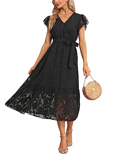 Damen Sommer Midikleid Kurzarm Wickelkleider V-Ausschnitt Elegantes A-Linie Strandkleid Jacquard Schwarz L von VOGMATE