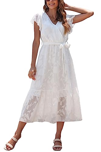 Damen Sommer Midikleid Kurzarm Wickelkleider V-Ausschnitt Elegantes A-Linie Strandkleid Jacquard Weiss L von VOGMATE