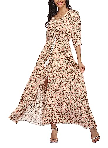 Damen Sommerkleid A Line V-Ausschnitt Standkleid Boho Blumenkleid 3/4 Ärmel Hohe Taille Partykleid Lange Freizeitkleid Beige L von VOGMATE