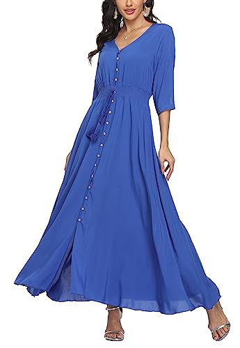 Damen Sommerkleid A Line V-Ausschnitt Standkleid Boho Blumenkleid 3/4 Ärmel Hohe Taille Partykleid Lange Freizeitkleid Blau S von VOGMATE