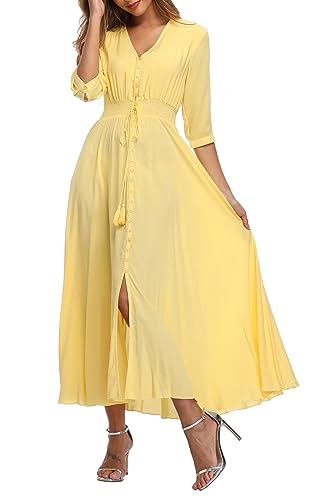 Damen Sommerkleid A Line V-Ausschnitt Standkleid Boho Blumenkleid 3/4 Ärmel Hohe Taille Partykleid Lange Freizeitkleid Gelb L von VOGMATE