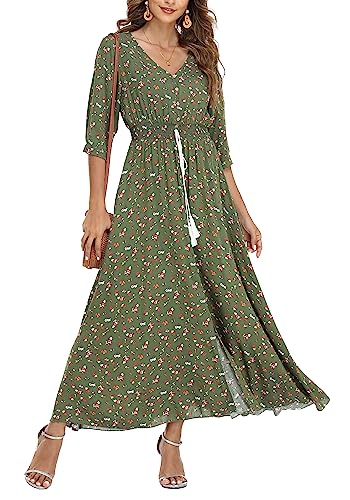 Damen Sommerkleid A Line V-Ausschnitt Standkleid Boho Blumenkleid 3/4 Ärmel Hohe Taille Partykleid Lange Freizeitkleid Grün L von VOGMATE