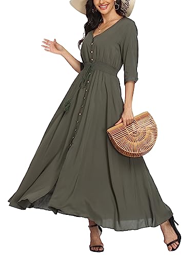 Damen Sommerkleid A Line V-Ausschnitt Standkleid Boho Blumenkleid 3/4 Ärmel Hohe Taille Partykleid Lange Freizeitkleid Olivgrün M von VOGMATE