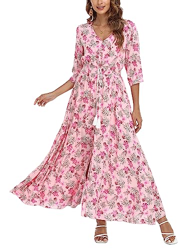 Damen Sommerkleid A Line V-Ausschnitt Standkleid Boho Blumenkleid 3/4 Ärmel Hohe Taille Partykleid Lange Freizeitkleid Rosa L von VOGMATE