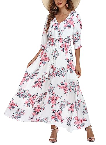 Damen Sommerkleid A Line V-Ausschnitt Standkleid Boho Blumenkleid 3/4 Ärmel Hohe Taille Partykleid Lange Freizeitkleid Weiß S von VOGMATE