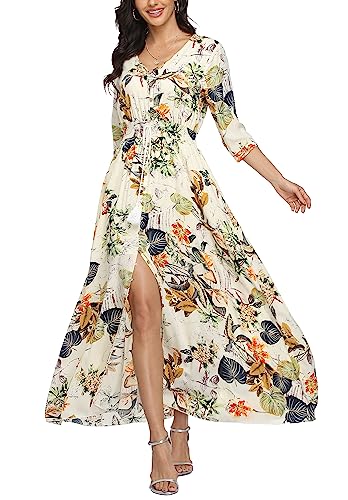 Damen Sommerkleid A Line V-Ausschnitt Standkleid Boho Blumenkleid 3/4 Ärmel Hohe Taille Partykleid Lange Freizeitkleid grün L von VOGMATE