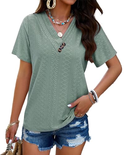 Tunika Damen Sommer Elegant Bluse Kurzarm Leicht Lose Basic T-Shirt mit V-Ausschnitt Festliche Oberteile Schickes Shirt mit Lochstickerei Grün XL von VOGMATE