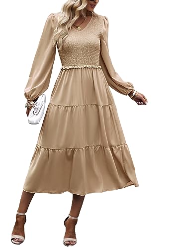 Kleid Damen Elegant Langarm Herbst A Linie Smocked Kleid Cocktailkleid Winter Kleider Party Dress Aprikosenfarbe M von VOGMATE