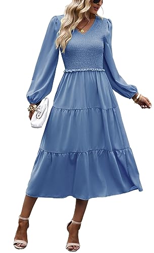 Kleid Damen Elegant Langarm Herbst A Linie Smocked Kleid Cocktailkleid Winter Kleider Party Dress Blau L von VOGMATE