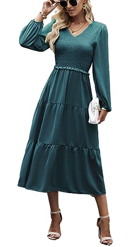 Kleid Damen Elegant Langarm Herbst A Linie Smocked Kleid Cocktailkleid Winter Kleider Party Dress Blaugrün M von VOGMATE