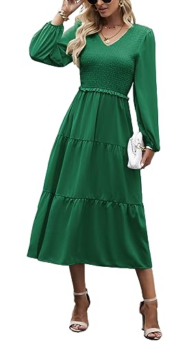 Kleid Damen Elegant Langarm Herbst A Linie Smocked Kleid Cocktailkleid Winter Kleider Party Dress Grün M von VOGMATE