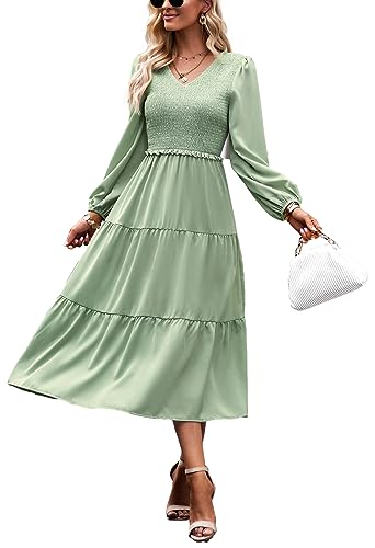 Kleid Damen Elegant Langarm Herbst A Linie Smocked Kleid Cocktailkleid Winter Kleider Party Dress Lichtgrün L von VOGMATE