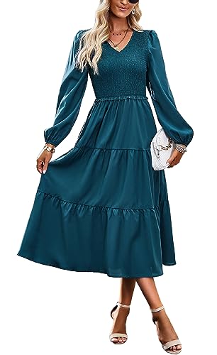 Kleid Damen Elegant Langarm Herbst A Linie Smocked Kleid Cocktailkleid Winter Kleider Party Dress Marineblau S von VOGMATE
