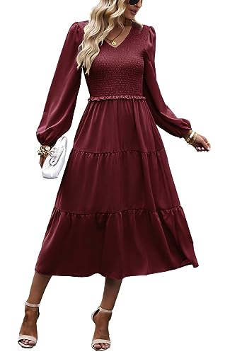 Kleid Damen Elegant Langarm Herbst A Linie Smocked Kleid Cocktailkleid Winter Kleider Party Dress Rotes L von VOGMATE